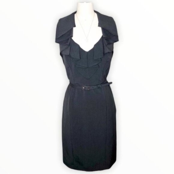 Evan Picone Gray Ruffled V-Neck Sheath Dress with Belt 10 Medium - Picture 9 of 9